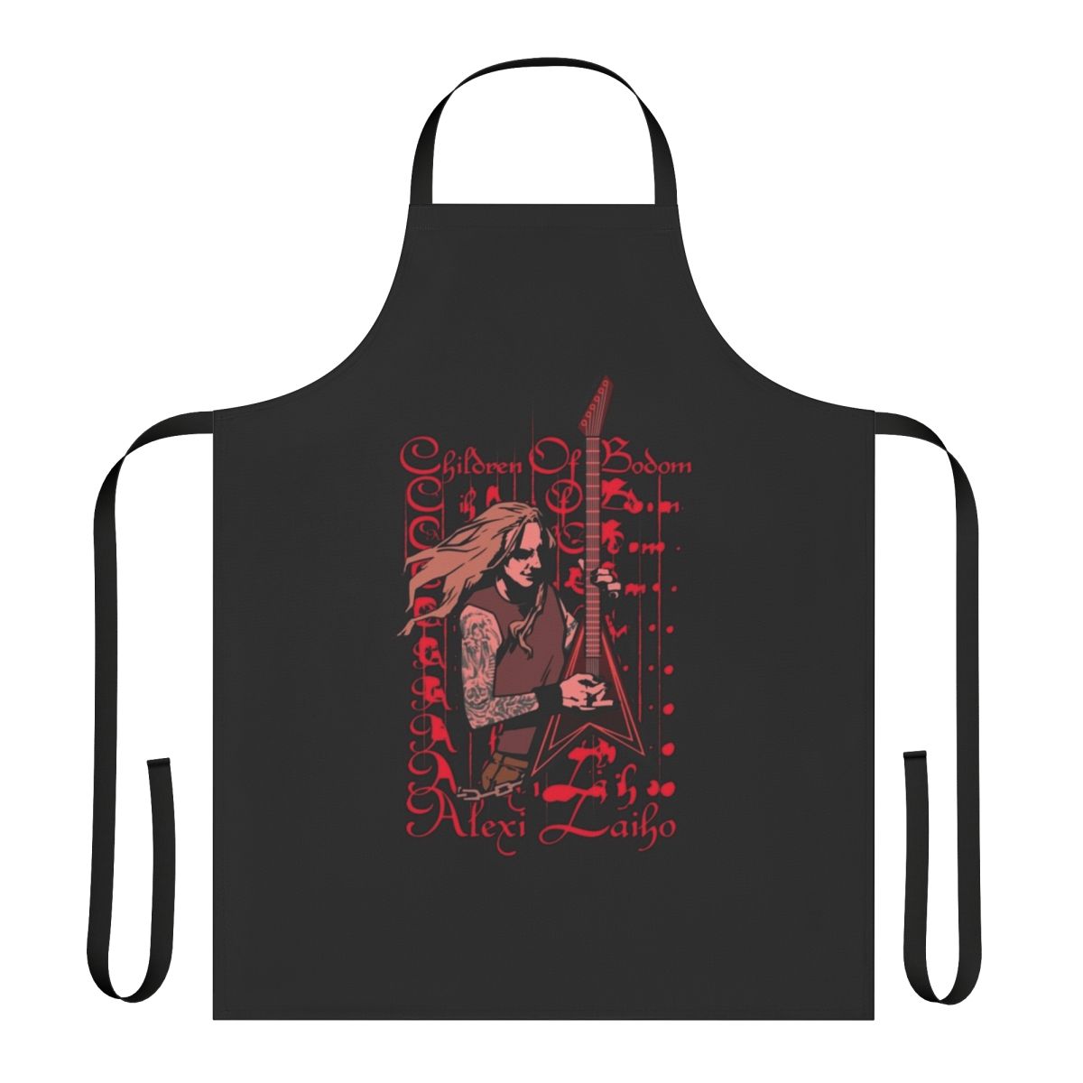Alexi Laiho inspired t-shirt apron with Children of Bodom and heavy metal graphics