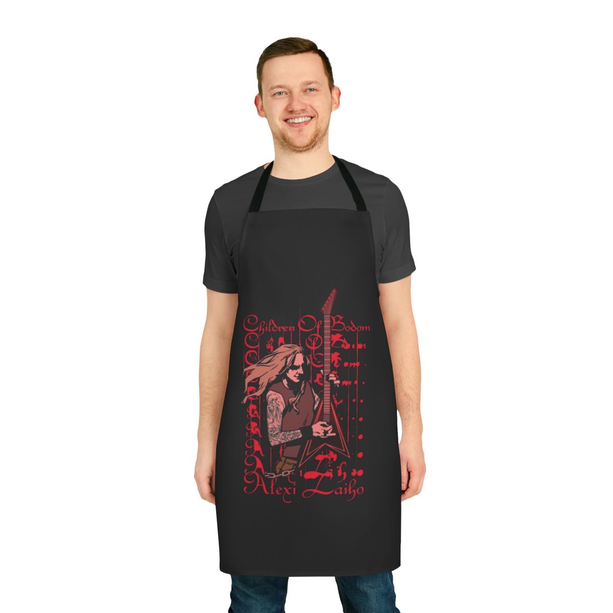 Alexi Laiho inspired t-shirt apron with Children of Bodom and heavy metal graphics