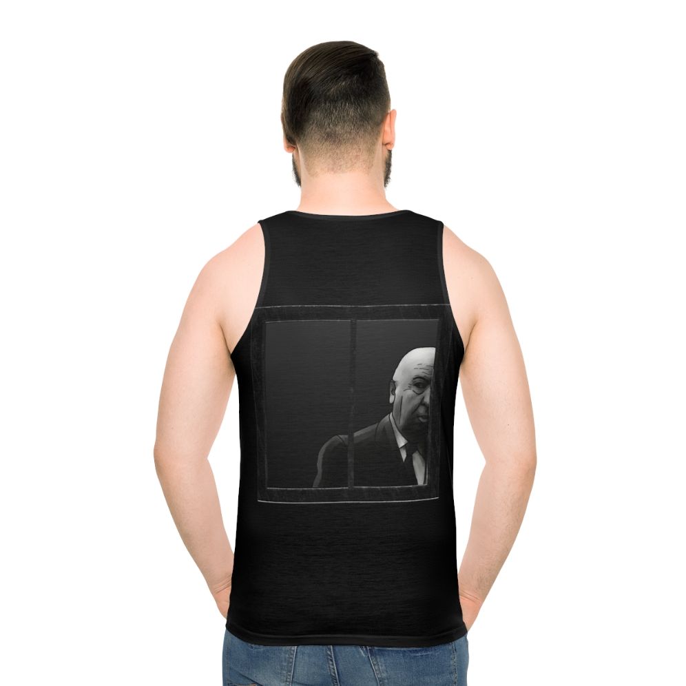 Alfred Hitchcock black and white graphic on a unisex tank top