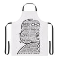 An apron featuring fan art inspired by the film titles of director Alfred Hitchcock, including Vertigo, Psycho, Rope, North by Northwest, and Number 13.
