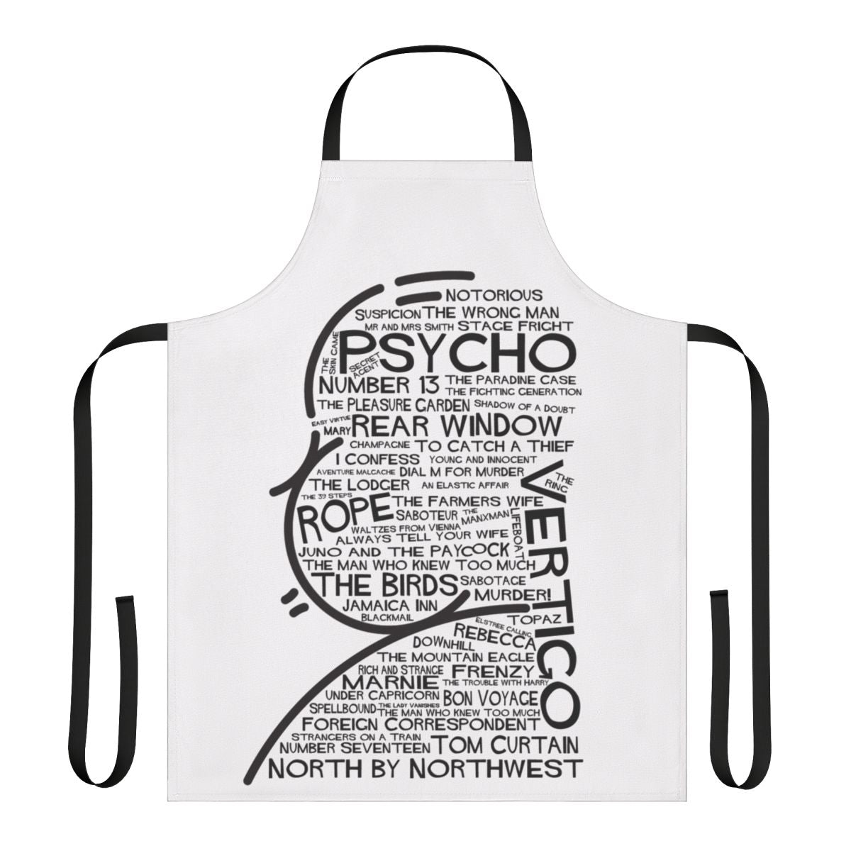 An apron featuring fan art inspired by the film titles of director Alfred Hitchcock, including Vertigo, Psycho, Rope, North by Northwest, and Number 13.