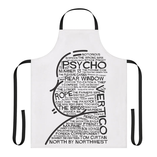 An apron featuring fan art inspired by the film titles of director Alfred Hitchcock, including Vertigo, Psycho, Rope, North by Northwest, and Number 13.