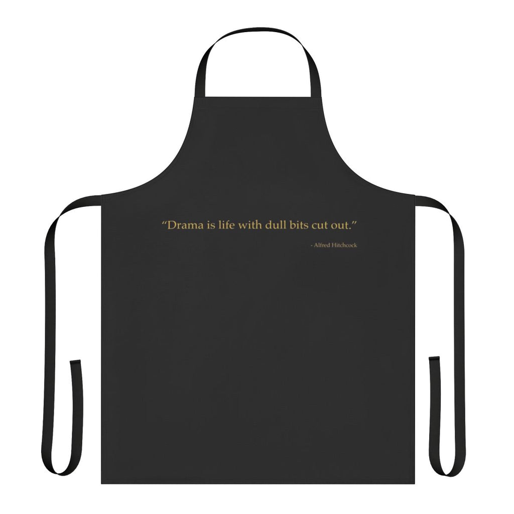 Black and gold apron featuring an Alfred Hitchcock quote, perfect for movie fans and horror enthusiasts