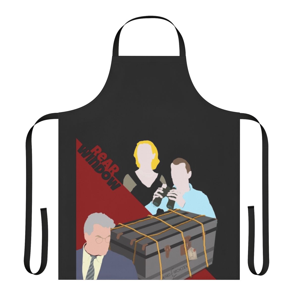 Alfred Hitchcock-inspired Rear Window apron featuring iconic movie elements