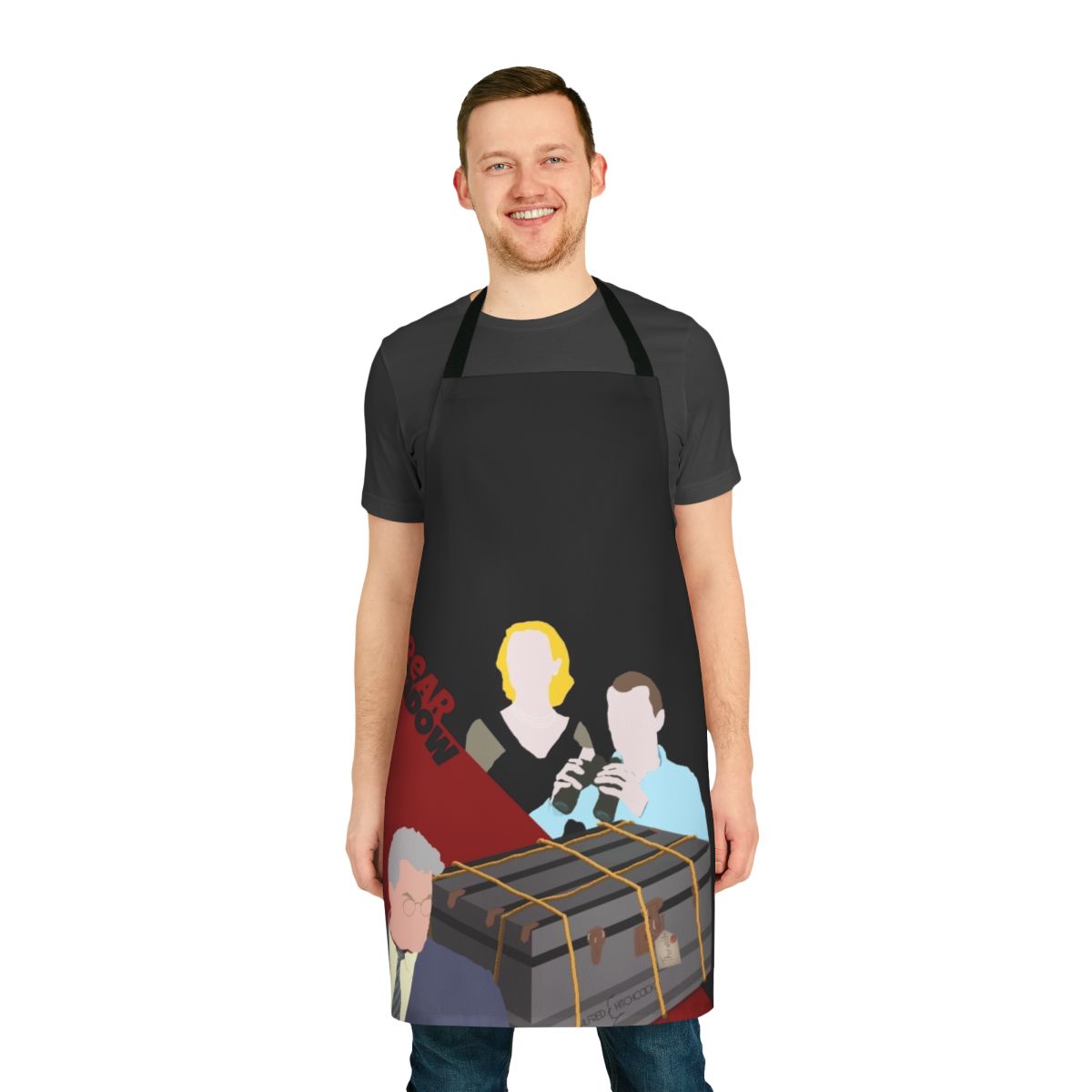 Alfred Hitchcock-inspired Rear Window apron featuring iconic movie elements