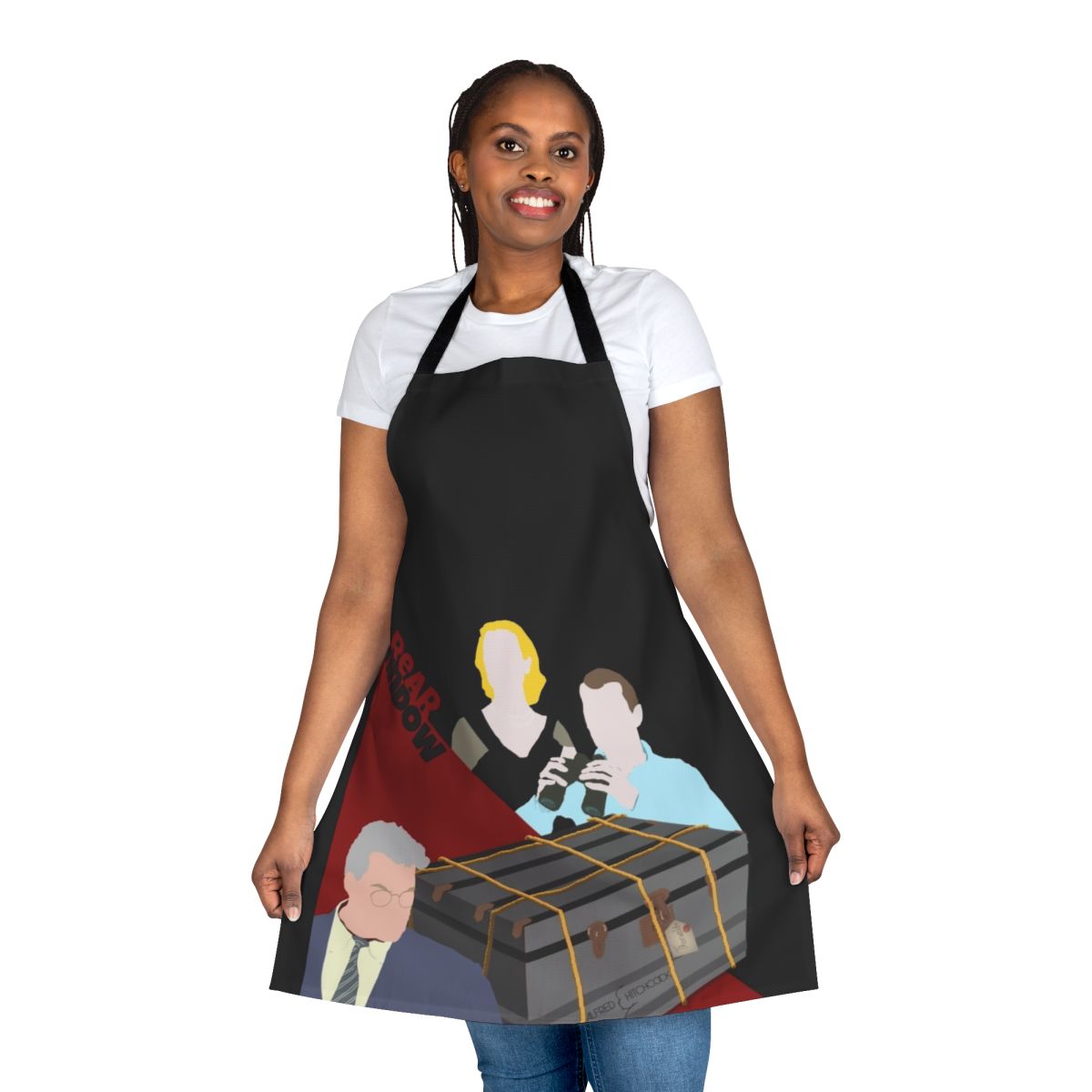 Alfred Hitchcock-inspired Rear Window apron featuring iconic movie elements