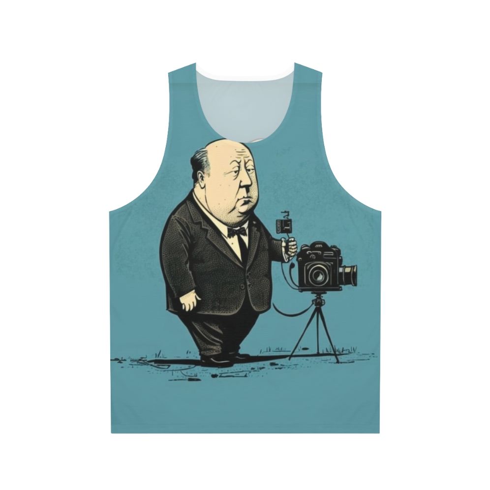 Vintage Alfred Hitchcock graphic on a unisex tank top