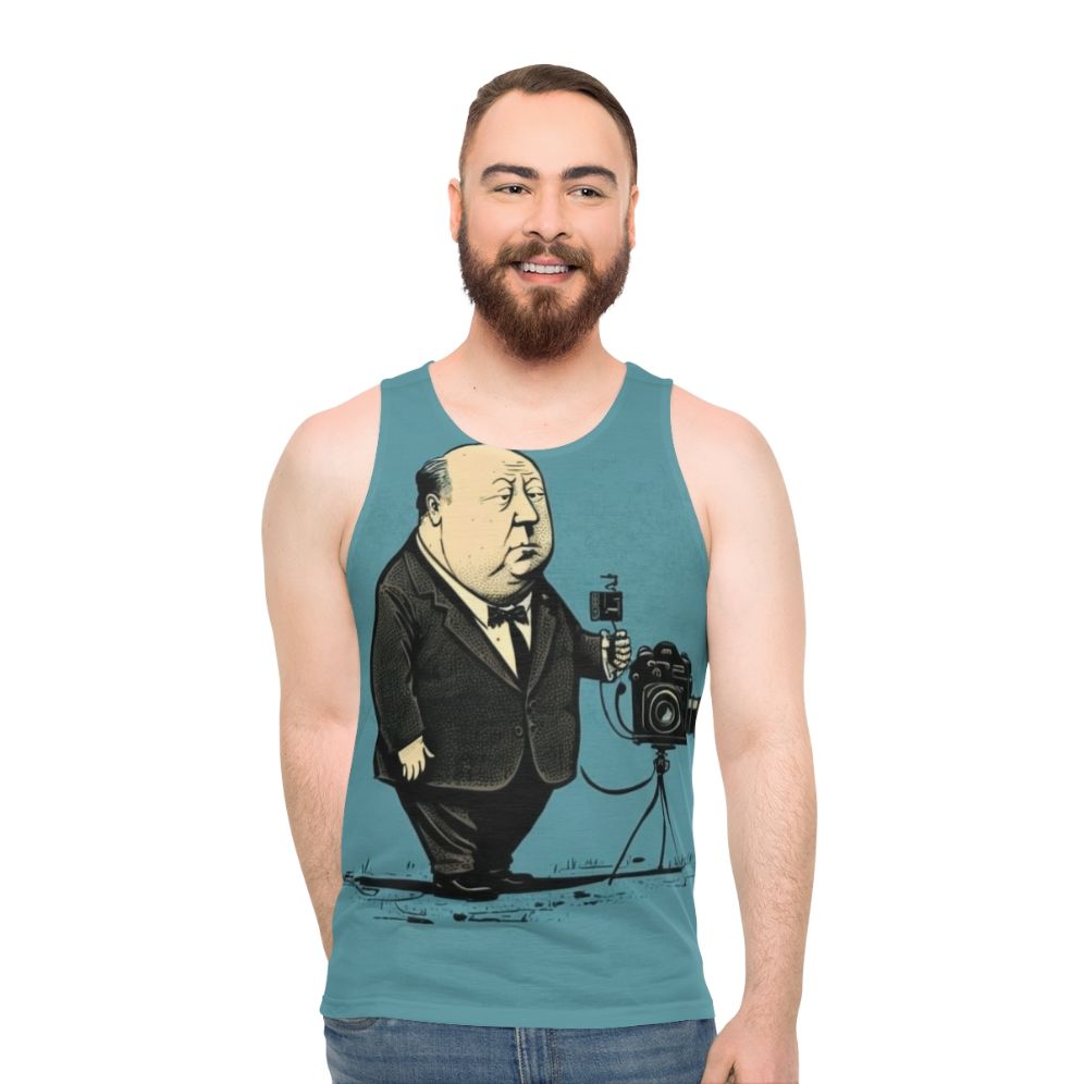 Vintage Alfred Hitchcock graphic on a unisex tank top