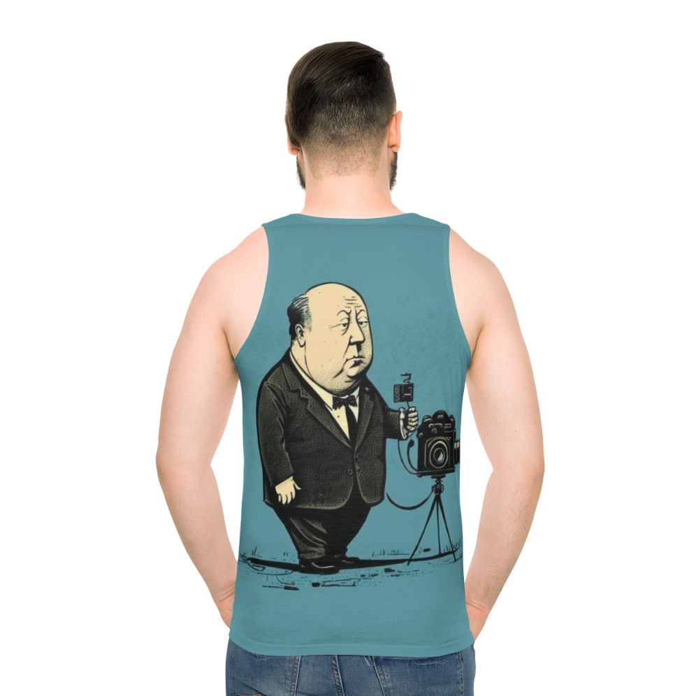 Vintage Alfred Hitchcock graphic on a unisex tank top
