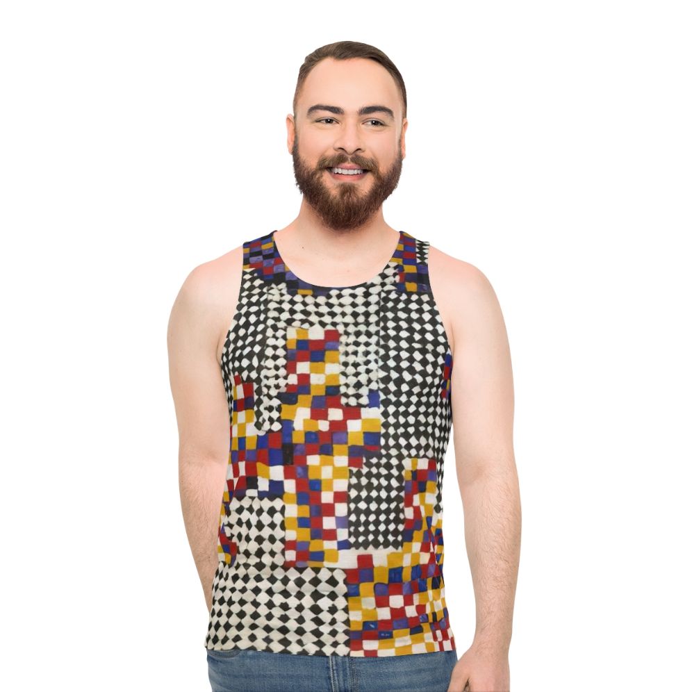 Unisex tank top featuring abstract geometric art by Alfred Jensen