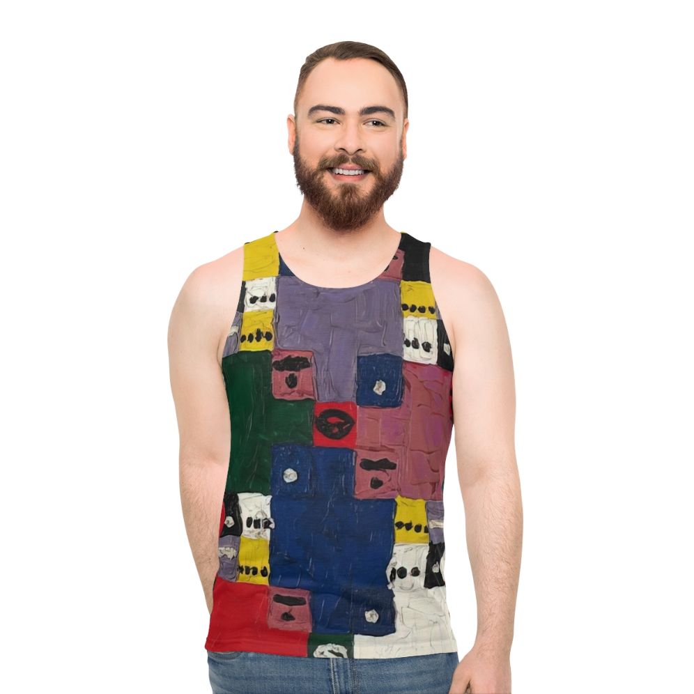 Unisex tank top with abstract geometric patterns inspired by artist Alfred Jensen