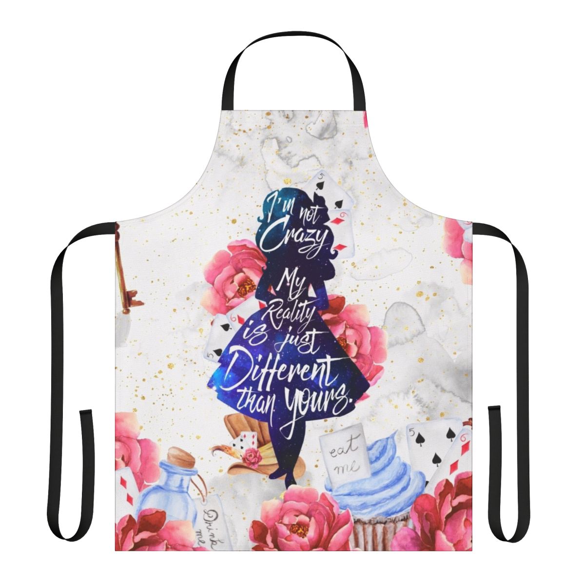 "Alice in Wonderland inspired apron featuring a quote from the book"