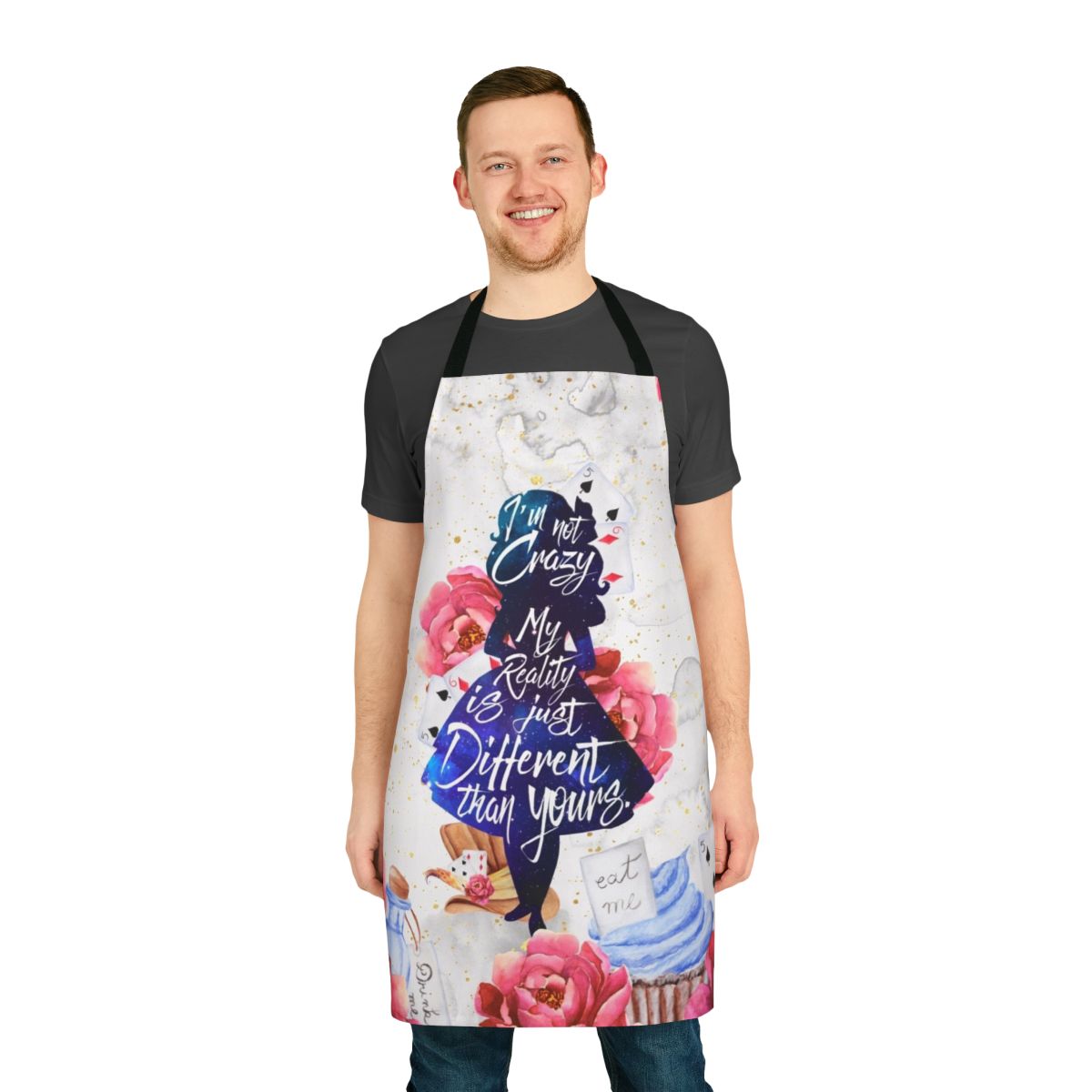 "Alice in Wonderland inspired apron featuring a quote from the book"