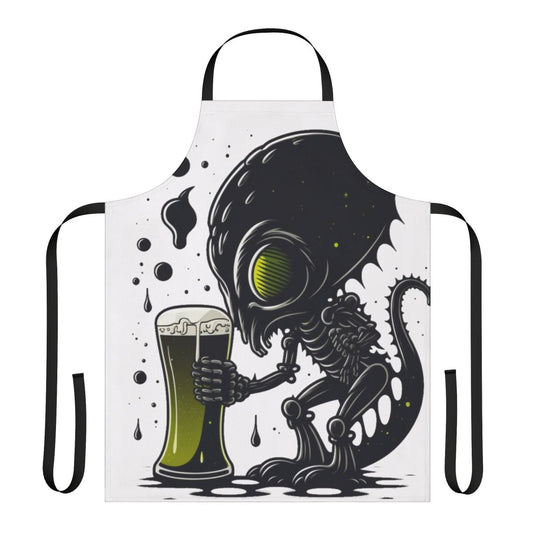 Illustration of an alien drinking a beer, featured on a durable, high-quality apron
