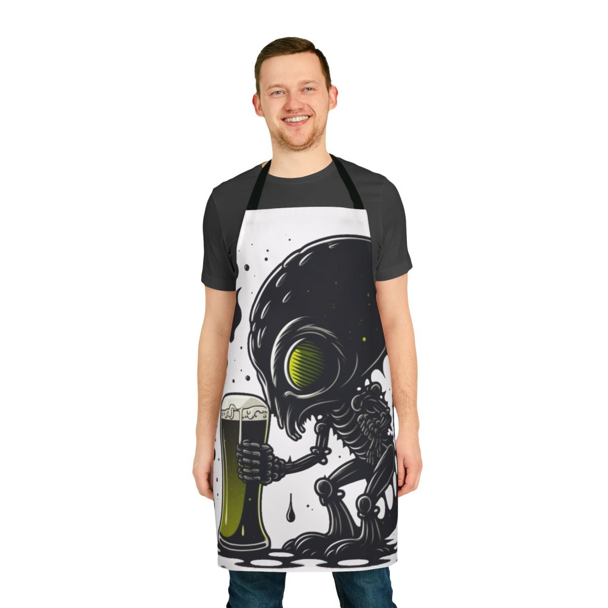 Illustration of an alien drinking a beer, featured on a durable, high-quality apron