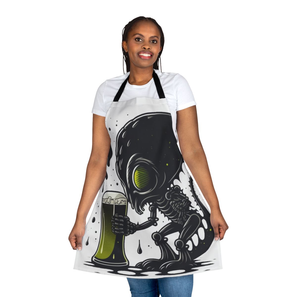 Illustration of an alien drinking a beer, featured on a durable, high-quality apron