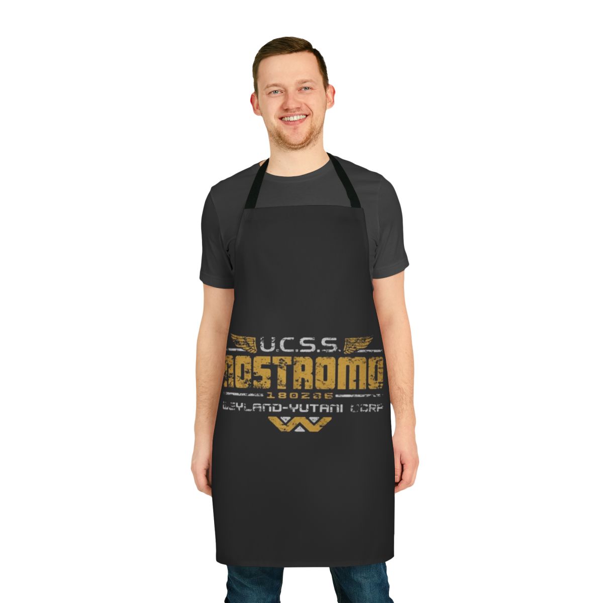 Alien-themed apron with humorous alien quotes and typography