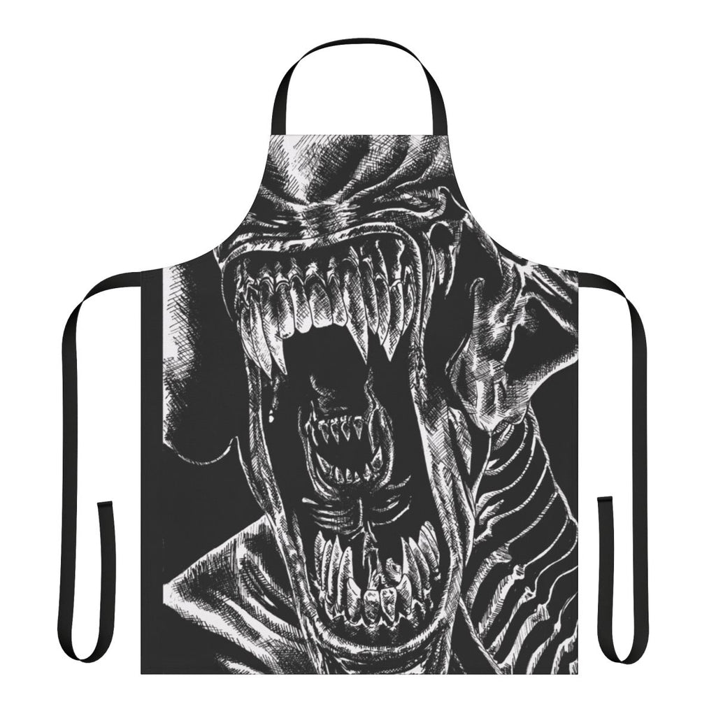 Alien-inspired horror apron with a detailed xenomorph design in the style of H.R. Giger's iconic artwork