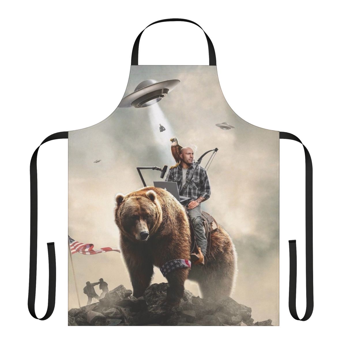 An apron featuring an illustration of Joe Rogan riding a bear in an alien landscape.