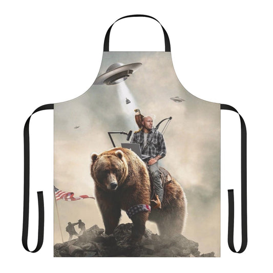 An apron featuring an illustration of Joe Rogan riding a bear in an alien landscape.