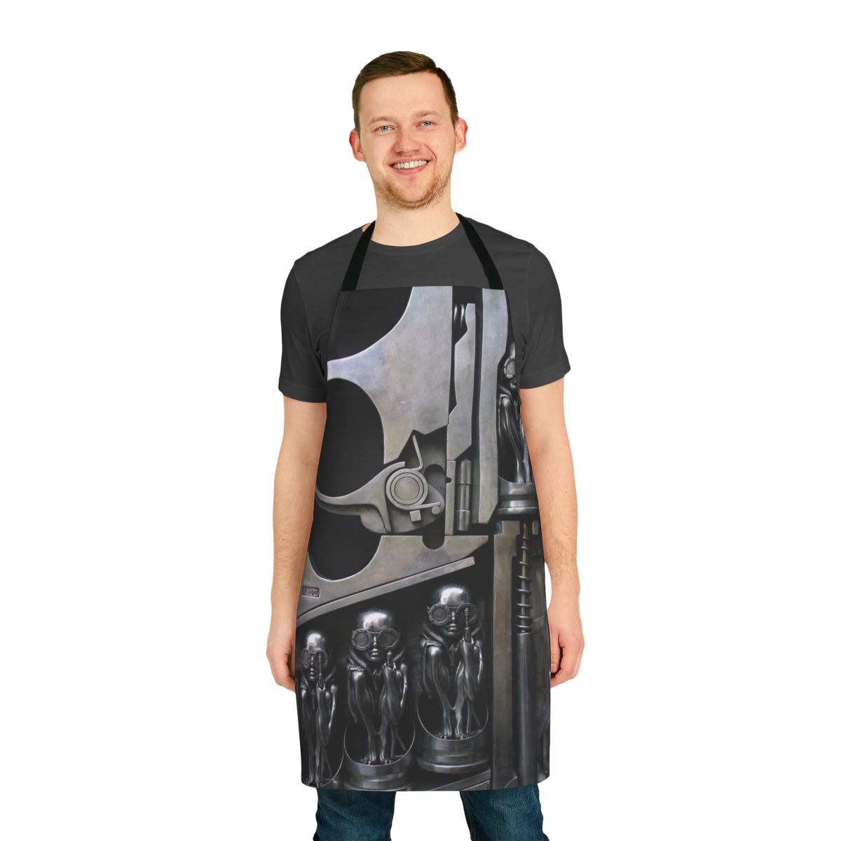 Stylized HR Giger inspired apron featuring an alien-like torso sculpture design