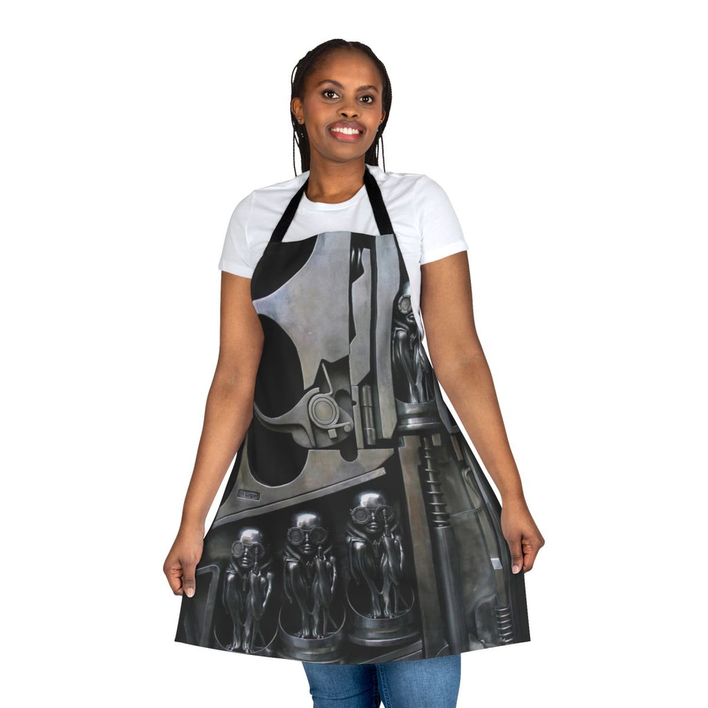 Stylized HR Giger inspired apron featuring an alien-like torso sculpture design