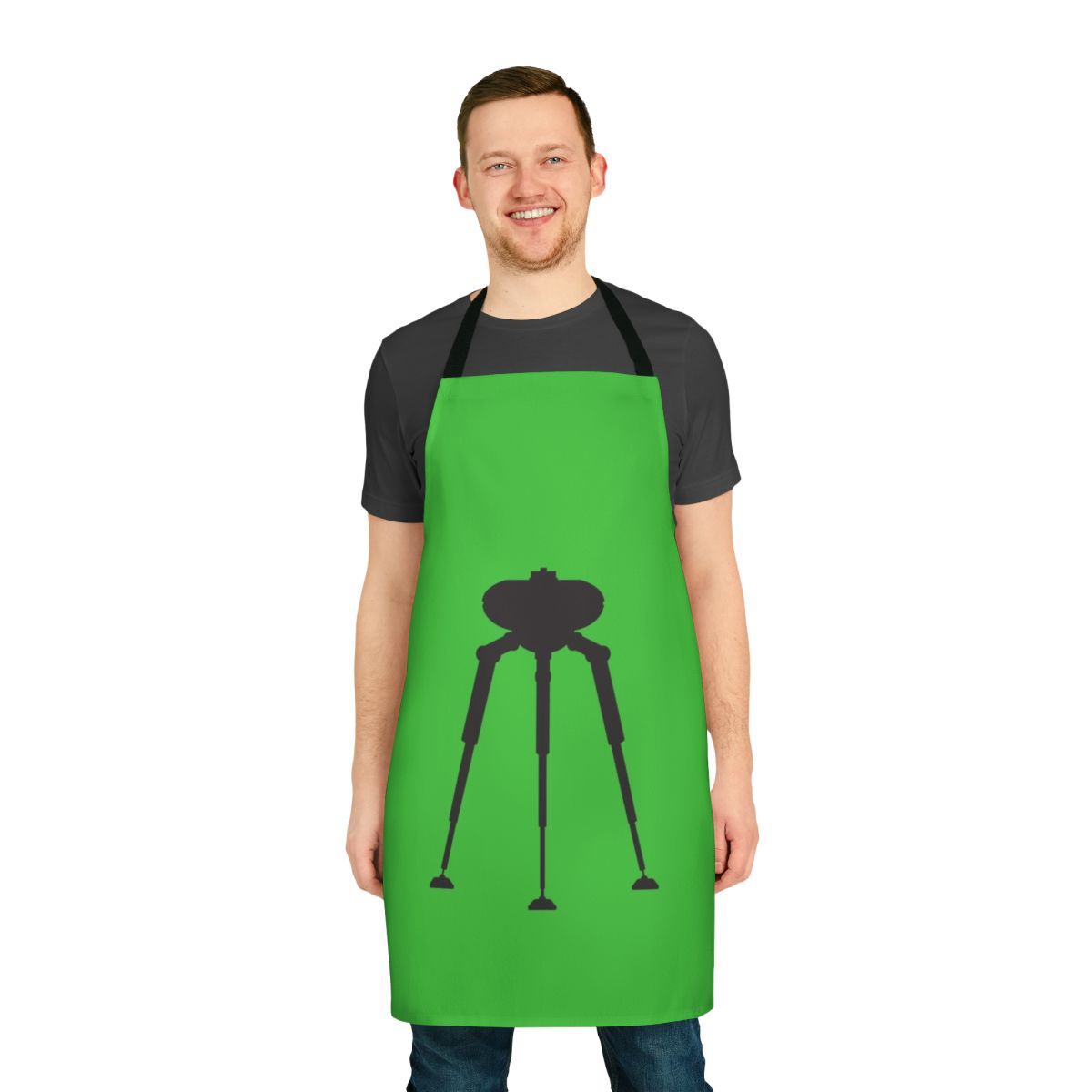 Apron featuring a three-legged alien transport machine design