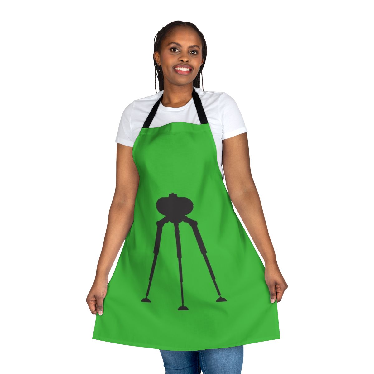 Apron featuring a three-legged alien transport machine design