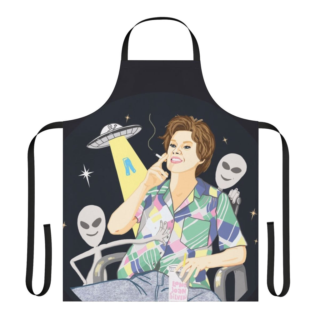 Alien-themed apron featuring Kate McKinnon's iconic "Ms. Rafferty" character from Saturday Night Live's "Alien Encounter" sketch.