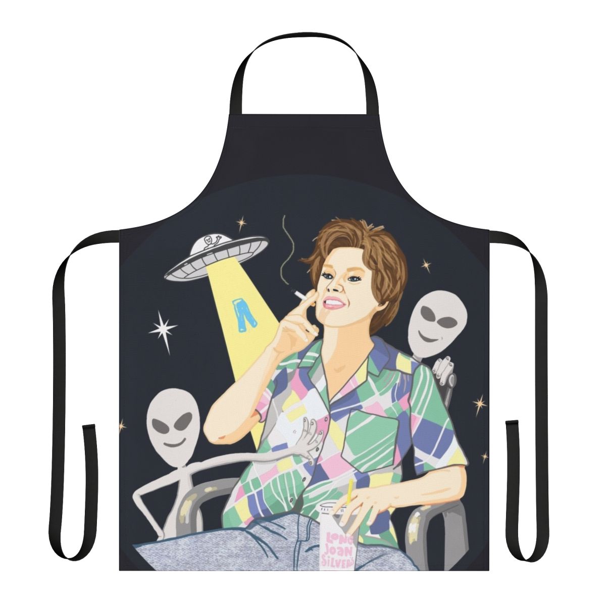Alien-themed apron featuring Kate McKinnon's iconic "Ms. Rafferty" character from Saturday Night Live's "Alien Encounter" sketch.