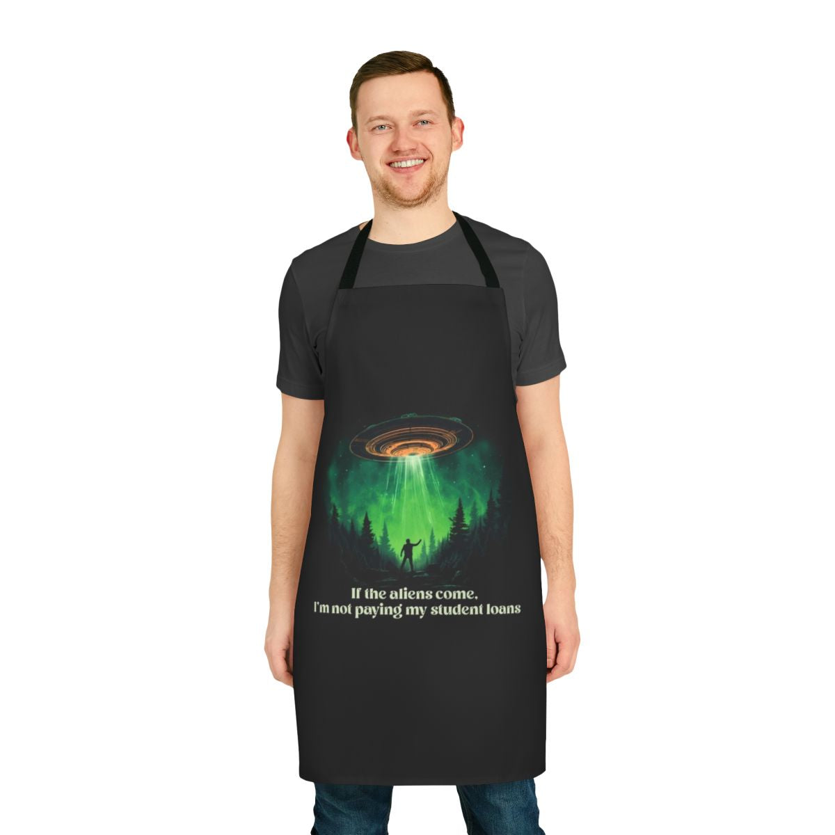 Alien-themed apron with text "If Aliens No Loans"