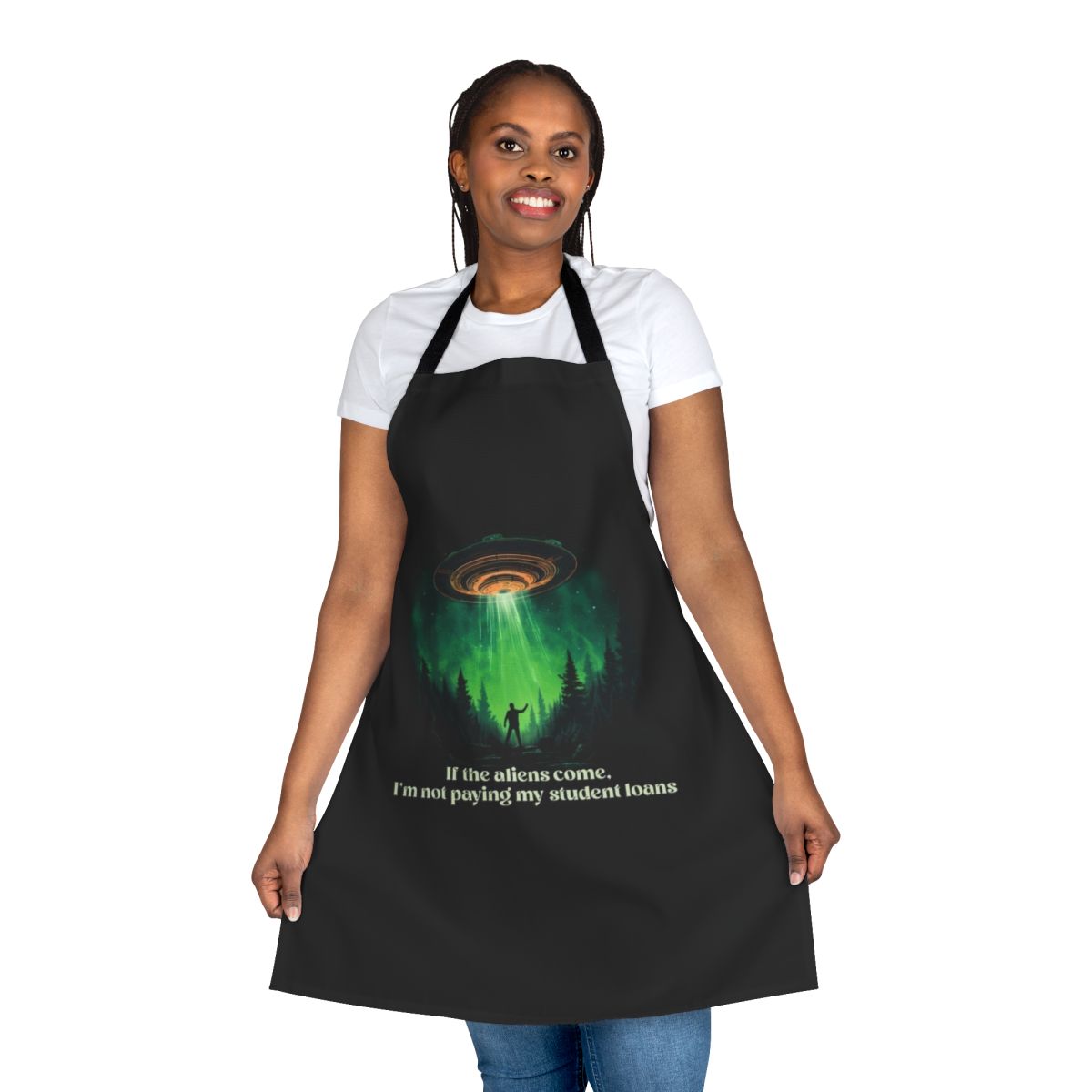 Alien-themed apron with text "If Aliens No Loans"