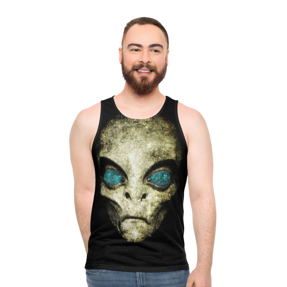 Unisex tank top with alien and space-themed graphics