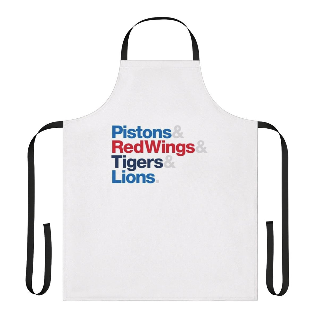 Detroit sports teams apron featuring the Pistons, Red Wings, Tigers, and Lions logos