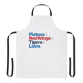 Detroit sports teams apron featuring the Pistons, Red Wings, Tigers, and Lions logos