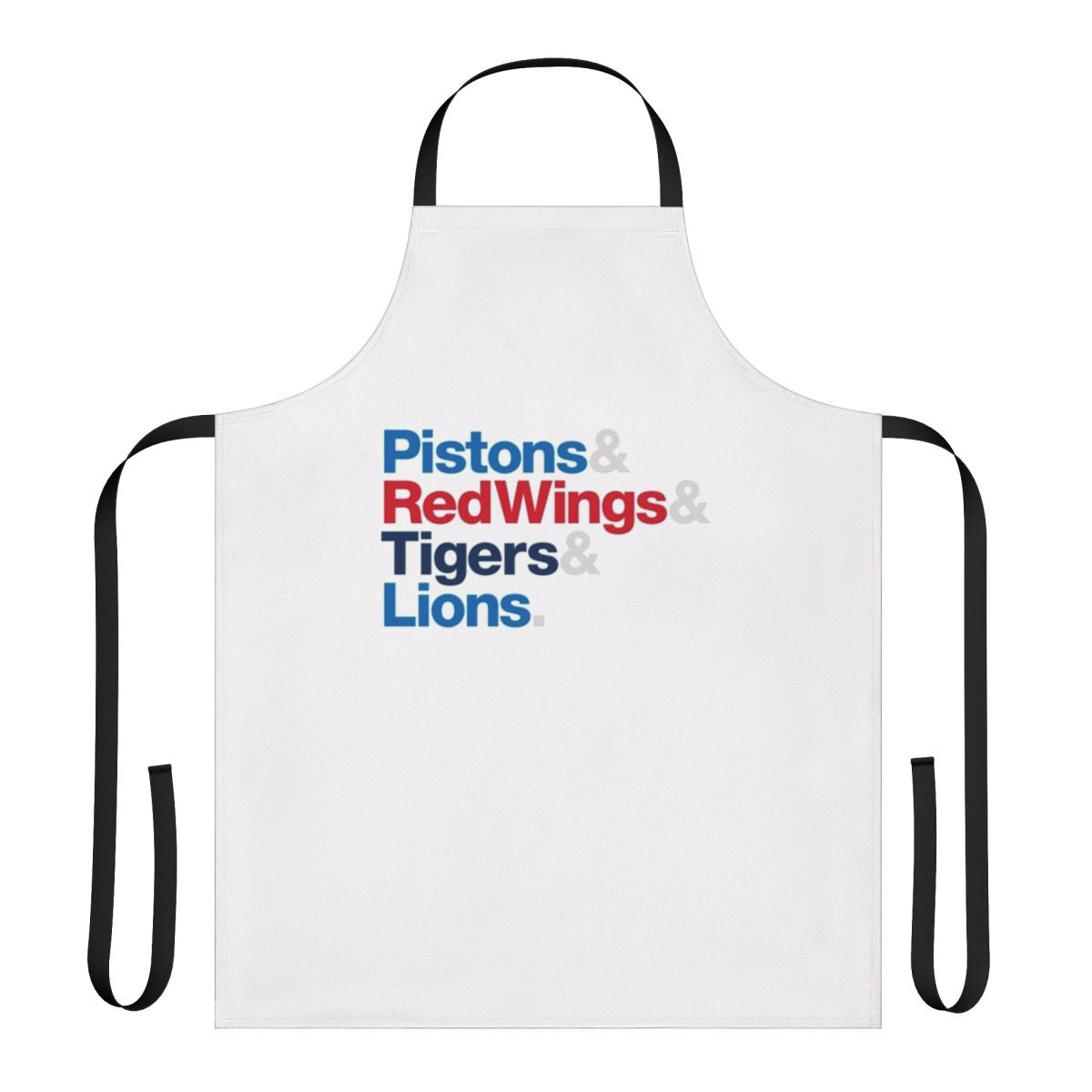 Detroit sports teams apron featuring the Pistons, Red Wings, Tigers, and Lions logos