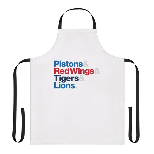 Detroit sports teams apron featuring the Pistons, Red Wings, Tigers, and Lions logos