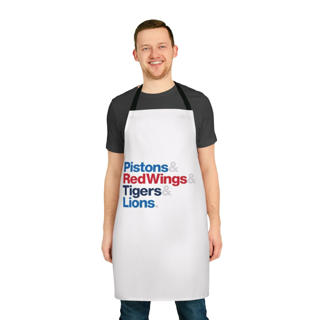 Detroit sports teams apron featuring the Pistons, Red Wings, Tigers, and Lions logos