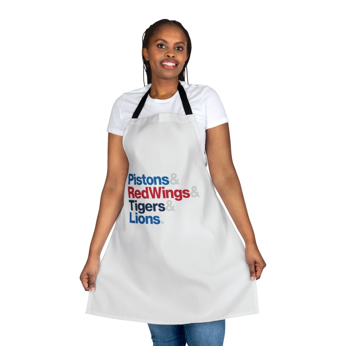 Detroit sports teams apron featuring the Pistons, Red Wings, Tigers, and Lions logos