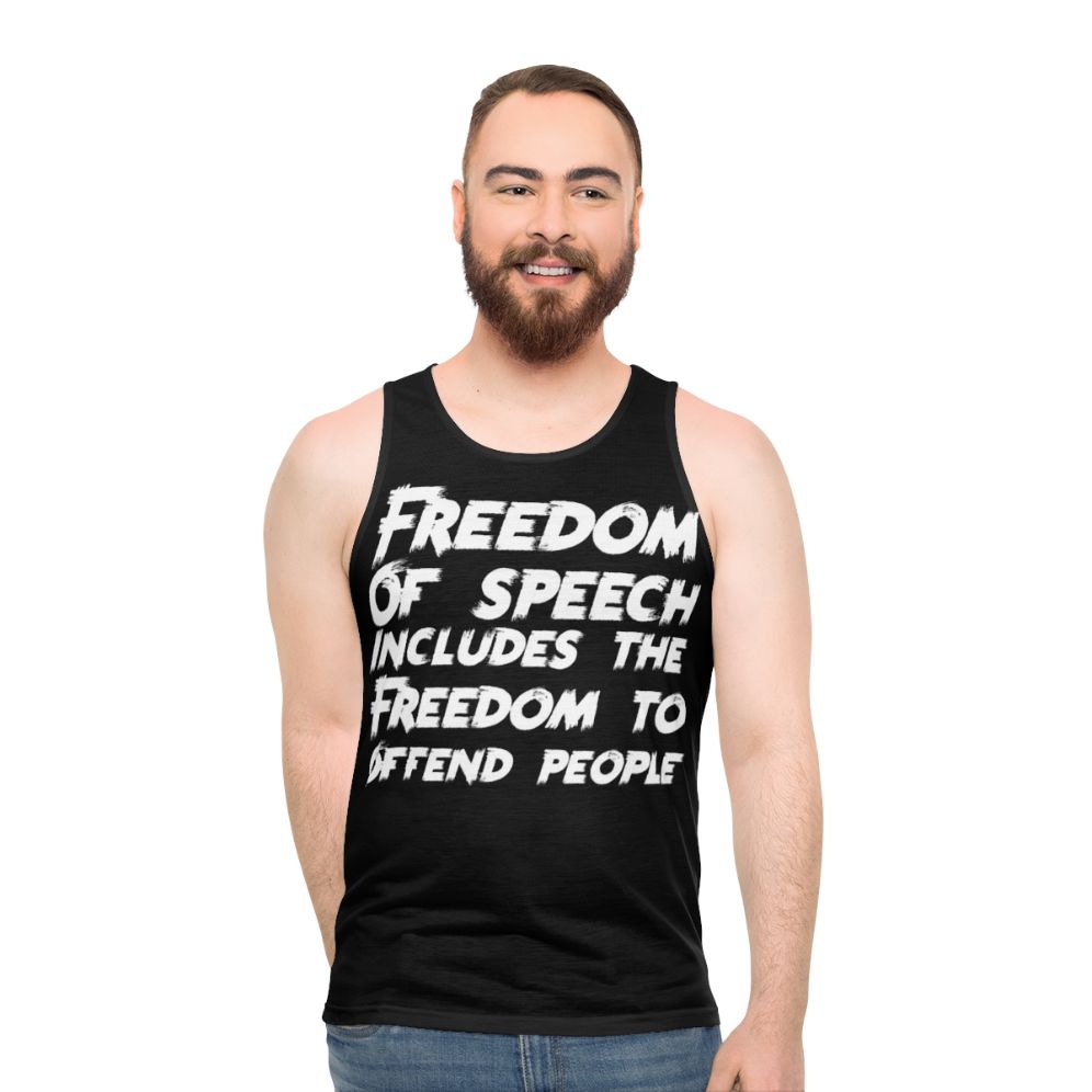 Unisex tank top with 'All Speech Is Free Speech' message