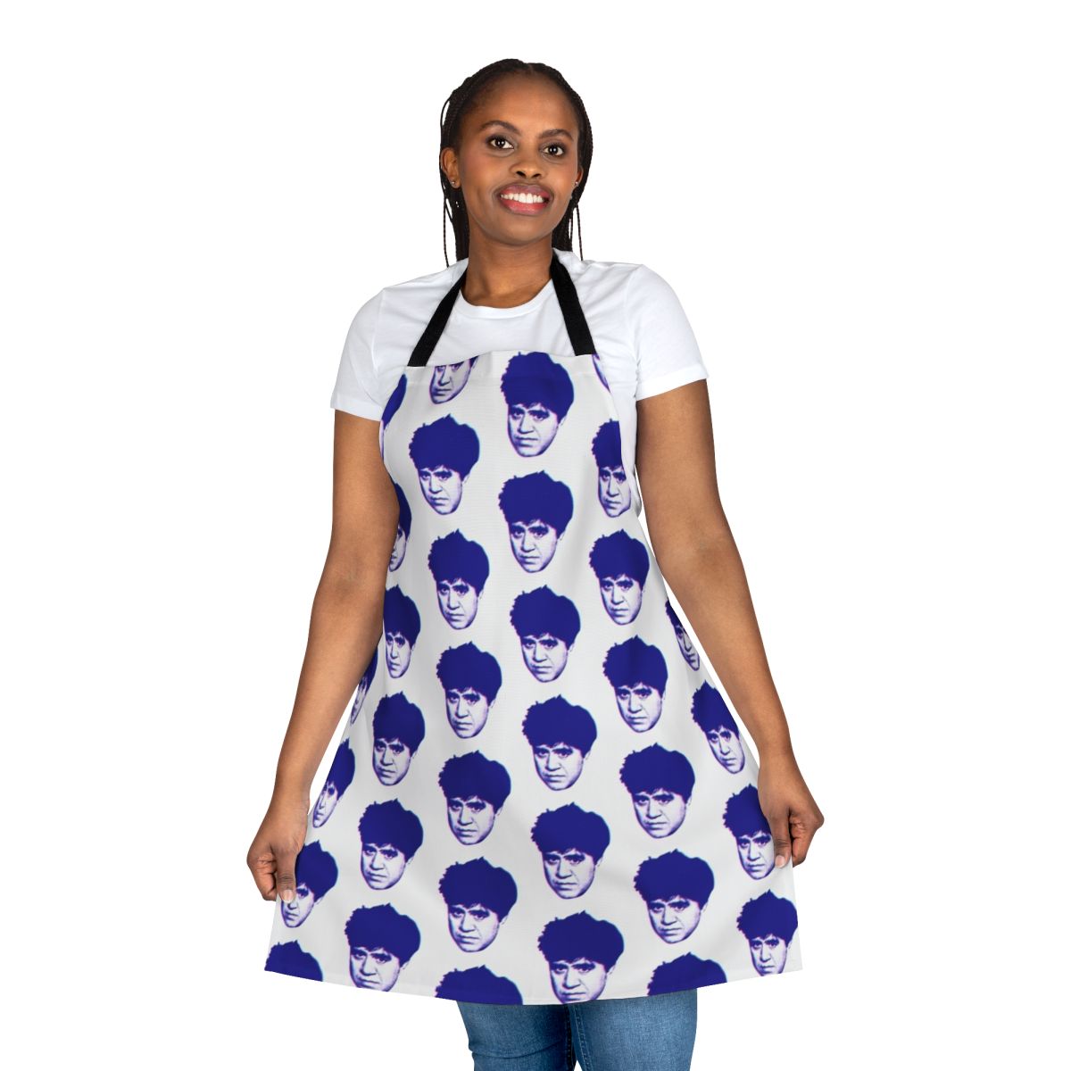 Almodóvar-inspired apron featuring a bold, glitch-like design