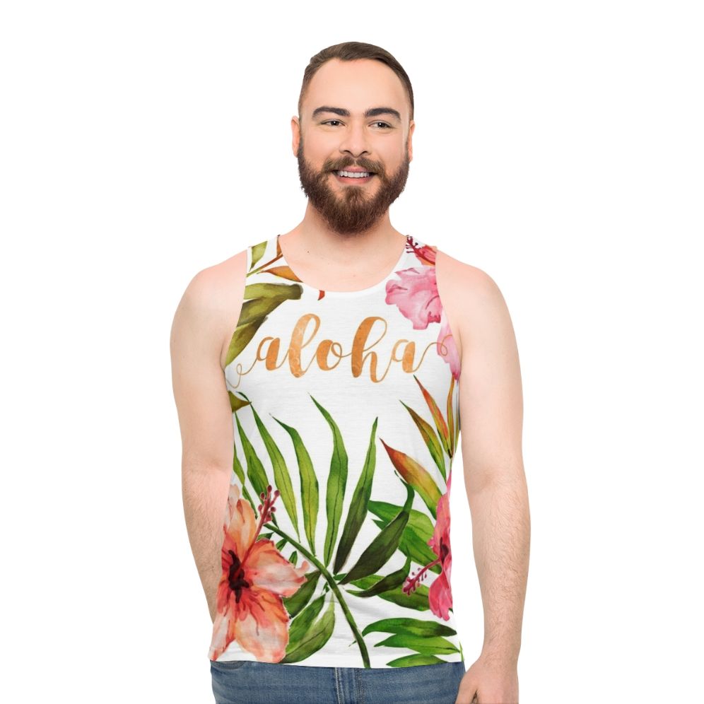 Aloha tropical hawaiian floral watercolor unisex tank top