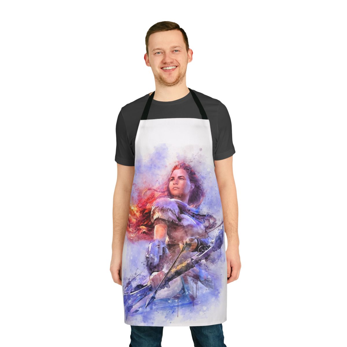 Aloy-inspired watercolor apron featuring Horizon Zero Dawn artwork