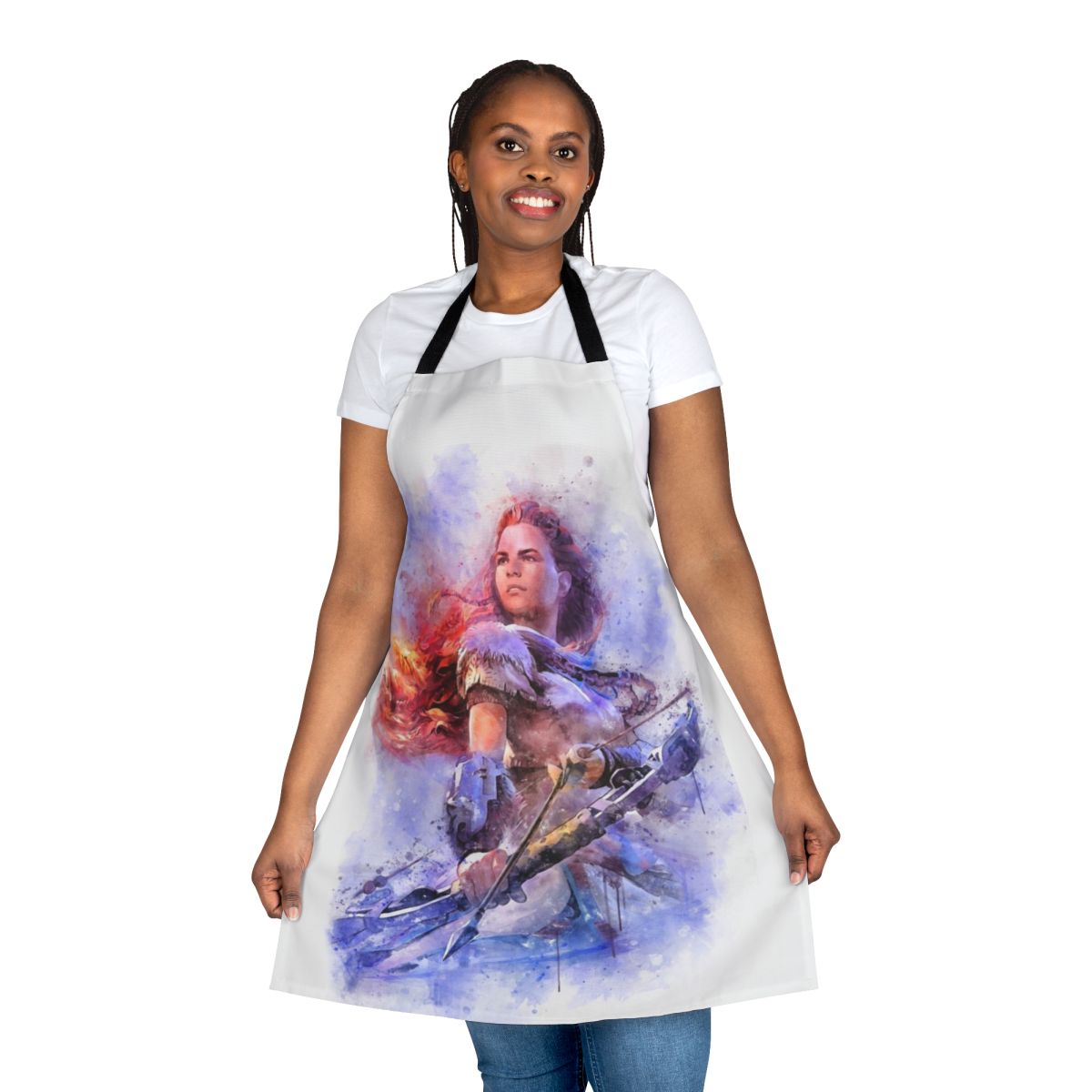 Aloy-inspired watercolor apron featuring Horizon Zero Dawn artwork