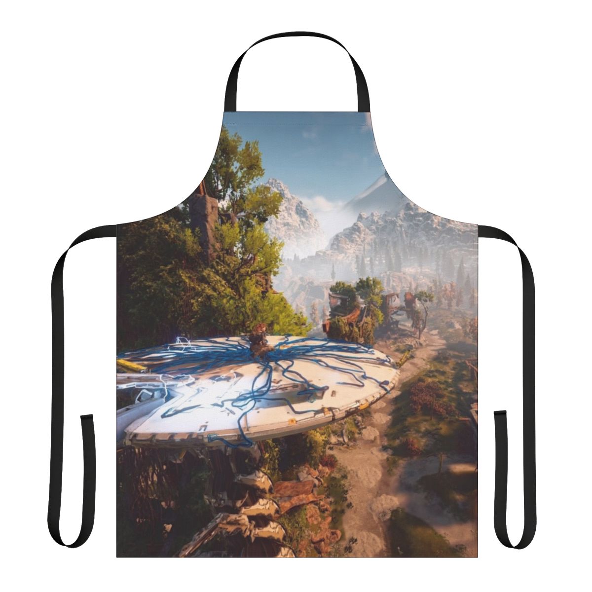 Aloy from Horizon Zero Dawn casually riding a Tallneck, printed on an apron.