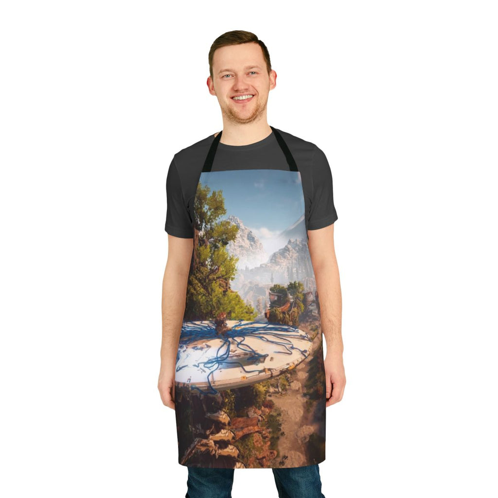 Aloy from Horizon Zero Dawn casually riding a Tallneck, printed on an apron.