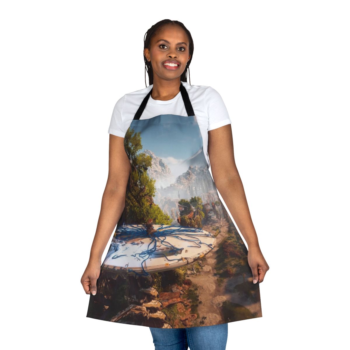 Aloy from Horizon Zero Dawn casually riding a Tallneck, printed on an apron.