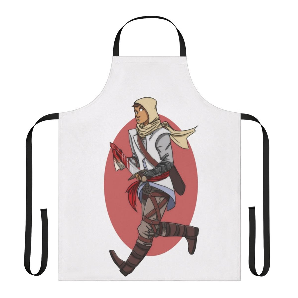 Altair from Assassin's Creed video game wearing hooded robe on a black and white kitchen apron