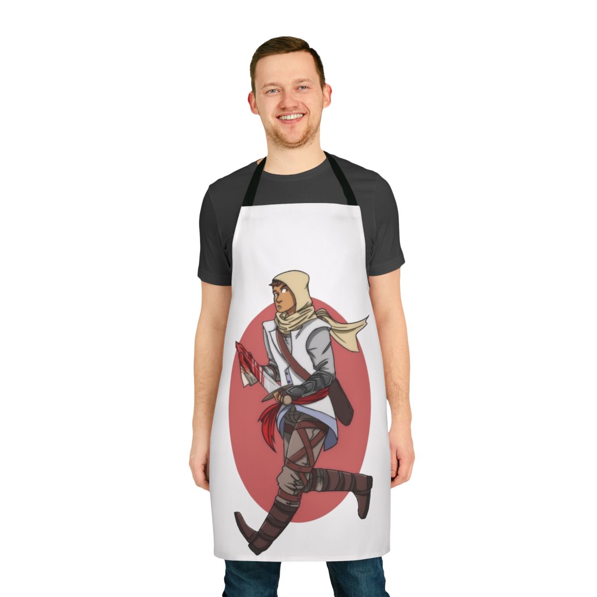 Altair from Assassin's Creed video game wearing hooded robe on a black and white kitchen apron