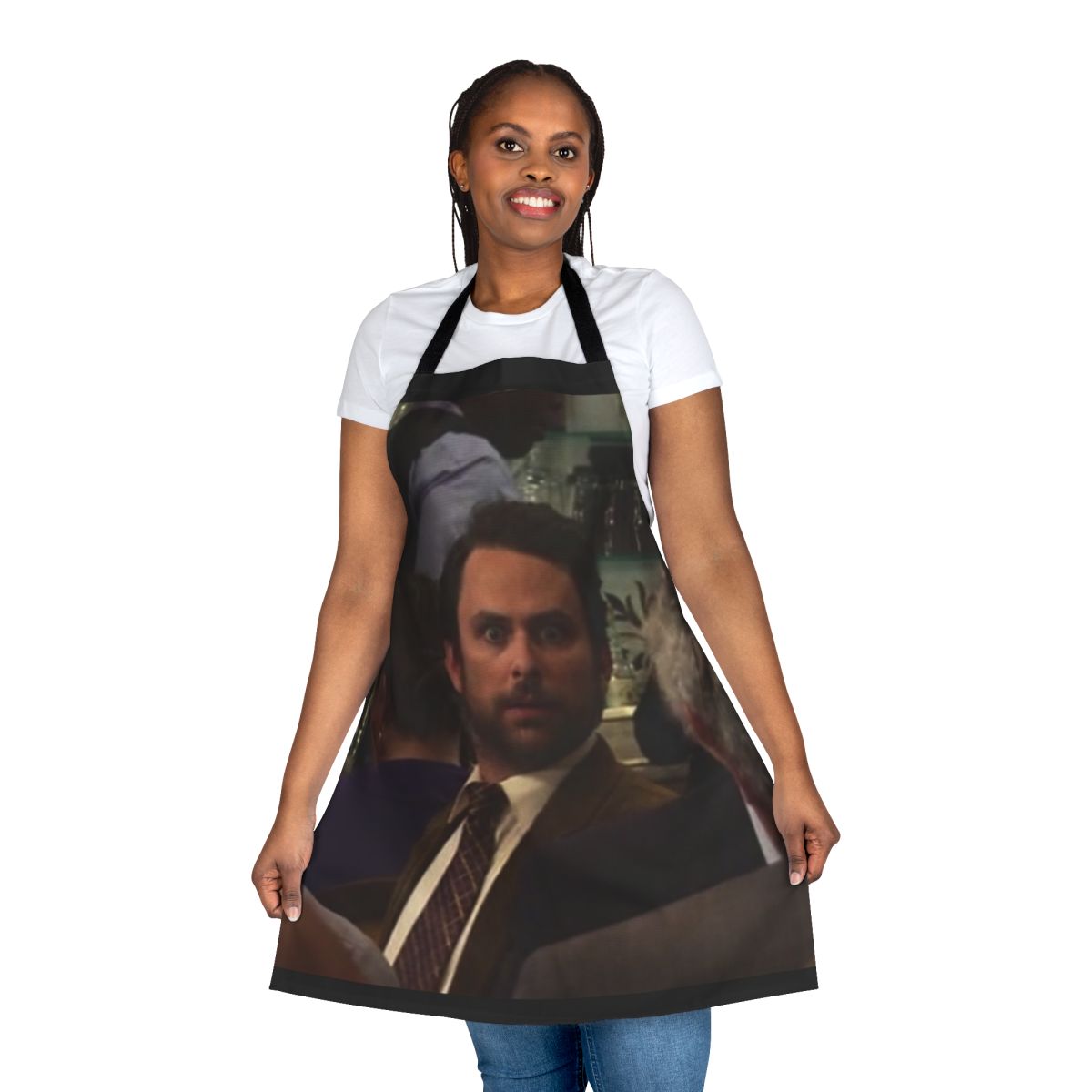 Always Sunny in Philadelphia inspired apron with characters Charlie, Mac, Dennis, Dee, and Frank